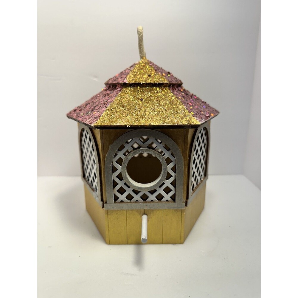 Wooden Birdhouse finished in glitter and hand painted, 7" Indoor Decorative